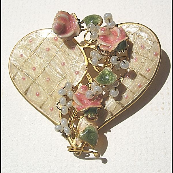 Heart Brooch with Flowers and Beads