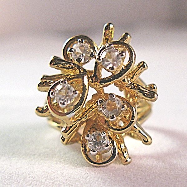 Gold Plated Rhinestone Cocktail Ring Sz 6