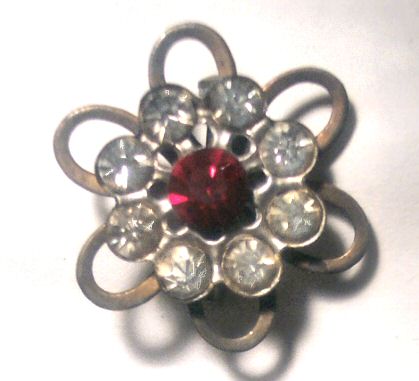 Antique Brass and Pot Metal Red Rhinestone Flower Pin