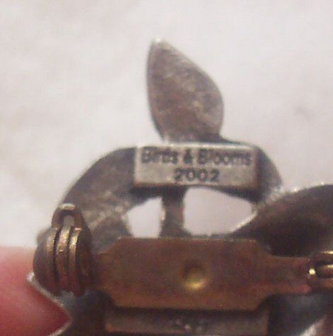 Birds  Blooms on Sold Cast Pewter Birds And Blooms Pin Dated 2002  Excellent
