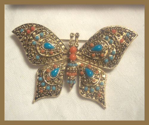 Faux Turquoise and Faux Coral Butterfly Brooch