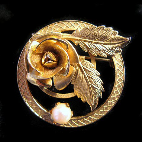 Cultured Pearl and Rose Circle Pin