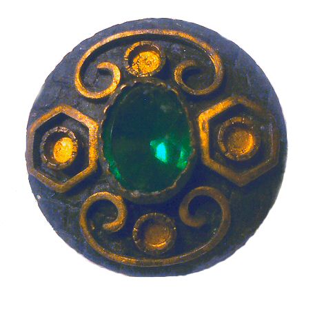 Antique Metal and Green Rhinestone Button