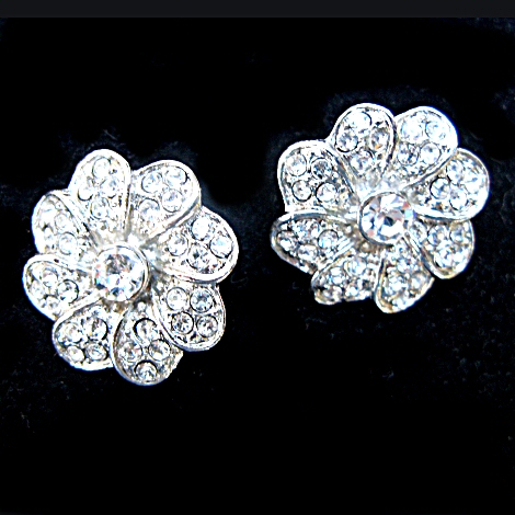 Two Pave Rhinestone Flower Buttons Self Shank