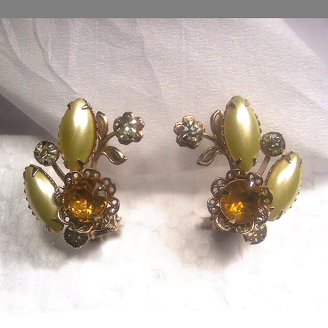 Glass Pearl and Rhinestone Clip Earrings
