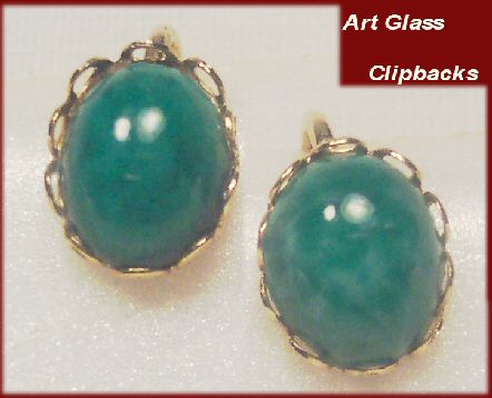 Small Green Art Glass Clip Earrings