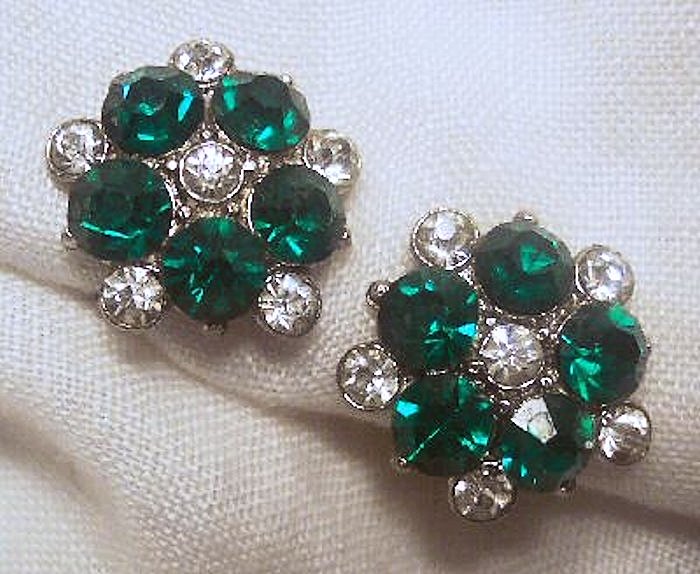 Green and Clear Rhinestone Screwback Earrings