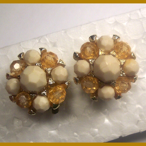 Amber and Ivory Plastic Bead Earrings