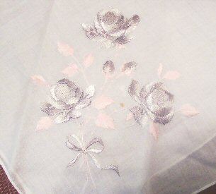 Satin Stitch Embroidered Pink and Grey Roses Hanky