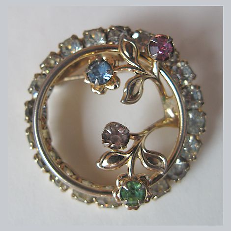 Circle Pin with Rhinestoned Flowers