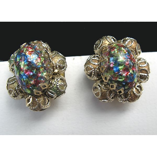 Eyecatching Multi-colored Foil Under Glass Clip Earrings