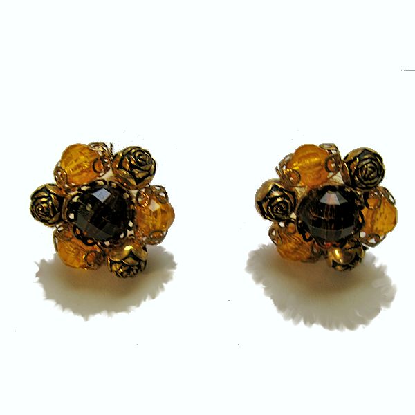 Brown and Gold Plastic Bead Cluster Screwback Earrings