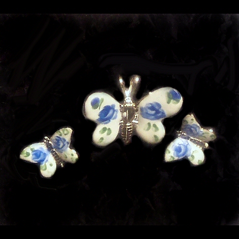 Delft Style Flow Enamel Butterfly Pendant and Earrings