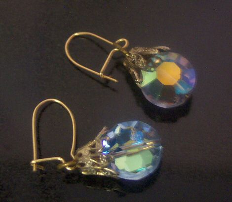 Blue Aurora Borealis and Filigree Earrings